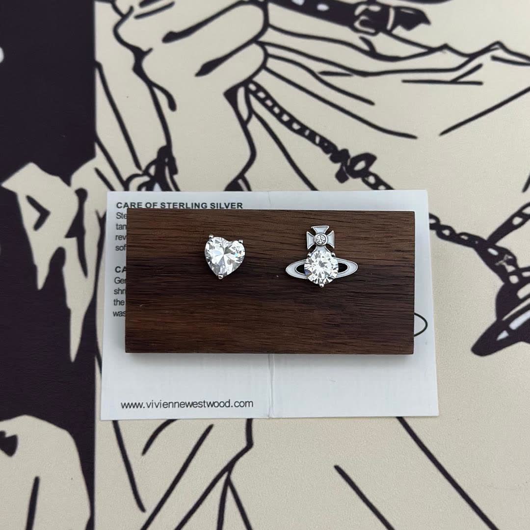 Vivienne Westwood Gold Plated Round and Heart Shaped Stud Earrings with Clear Stones